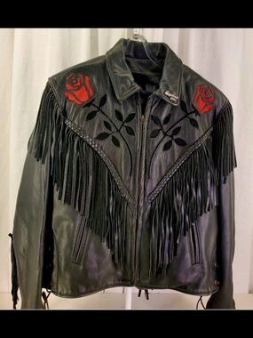 Fringed Black Leather Jacket with Red Rose Embroidery & Fringe By Black Rose
